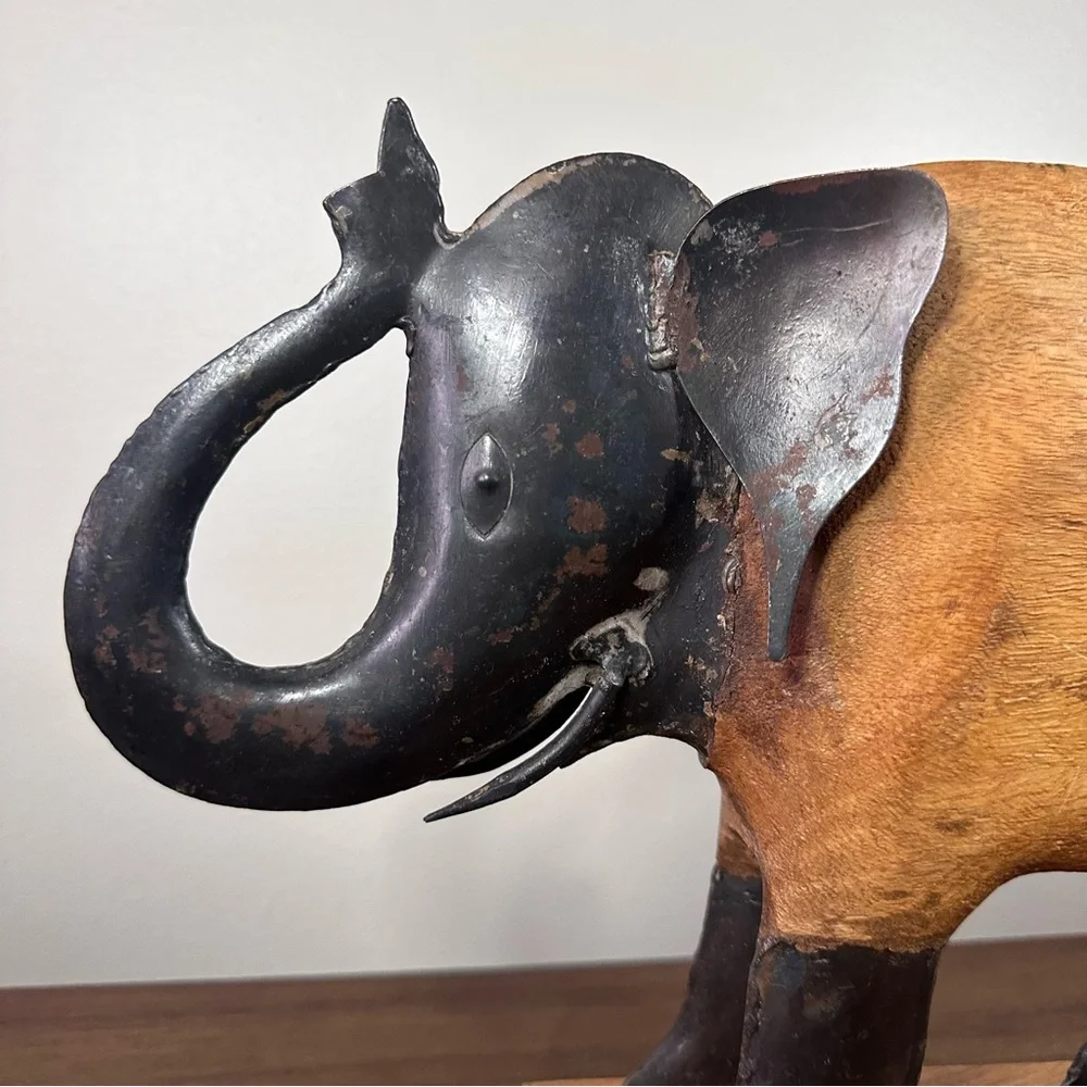 Pier 1 Imports Tropical Hardwood and Tin Hand Carved Elephant Figurine 10” Decor